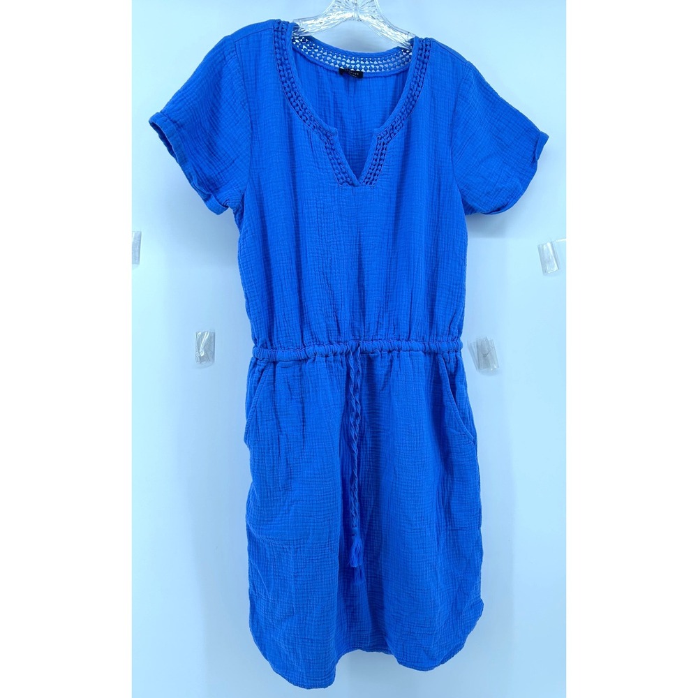 Talbots Blue Double Gauze Cotton Dress Crochet Trim Split Neck Drawstring Medium